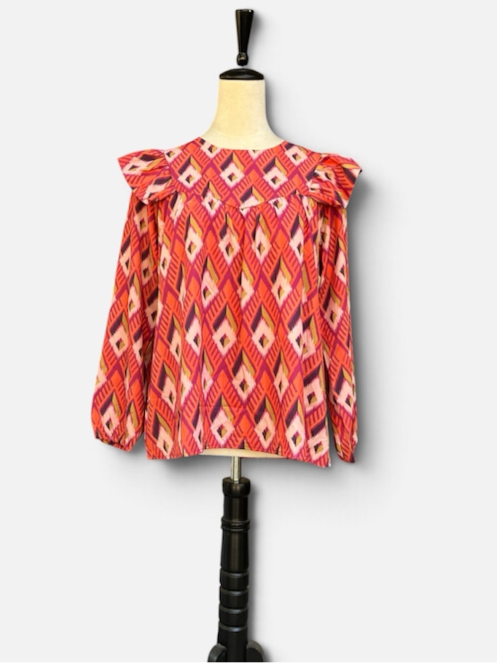 Michelle McDowell Ikat Geometric Ruffle Blouse in Orange/Purple Boho Top Sz S